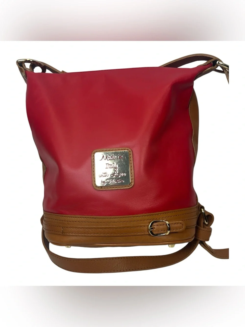 Vintage Valentina Italian Leather Convertible Backpack Bucket Bag Red/Tan